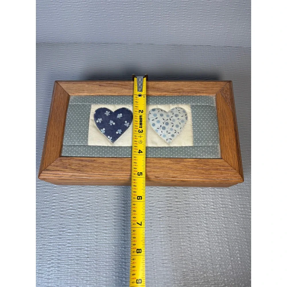 Vintage Oak Trinket Box Quilted Heart Inlay Blue Country Decor